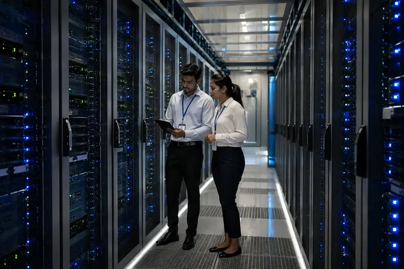 Network engineer monitoring server hardware at Host Asia data center in Sri Lanka