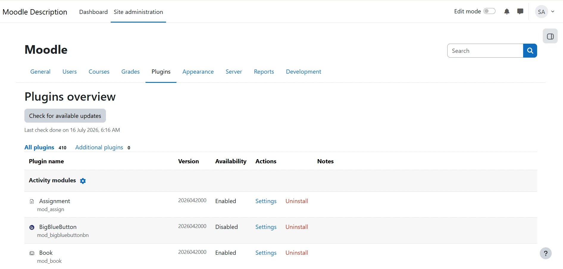 Moodle Plugin Manager Interface